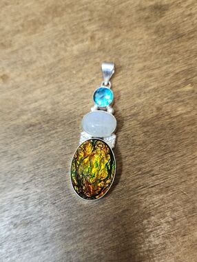 Unique Fire Opal, Moonstone and Blue Topaz Pendant Necklace